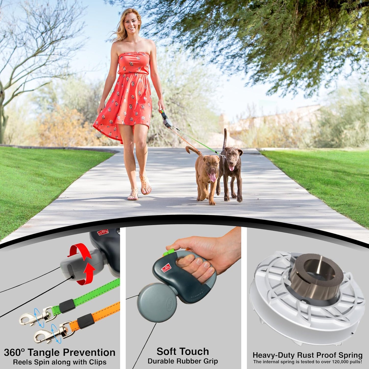 - 2025 Enhanced Edition - Dual (2) Dog Retractable Leash, Auto-Untangles, Supports up to 50Lb Dogs, 10Ft Distance Each Dog, Color-Coded Control, Reflective Leads, Waterproof, Gray Color